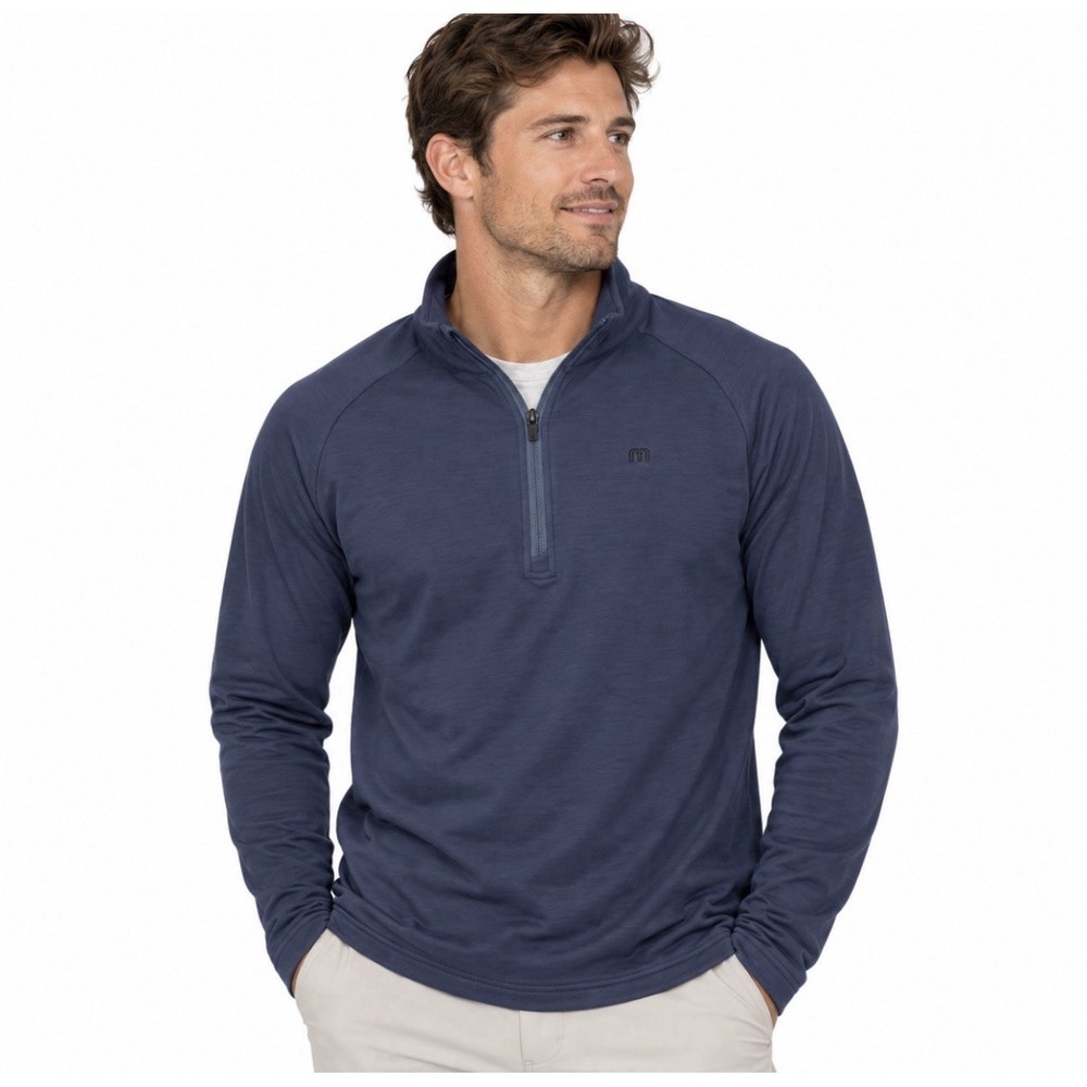 TravisMathew Wanderlust 1/4 Zip Pullover Men's L Navy Blue Golf 1MT448 Pockets
